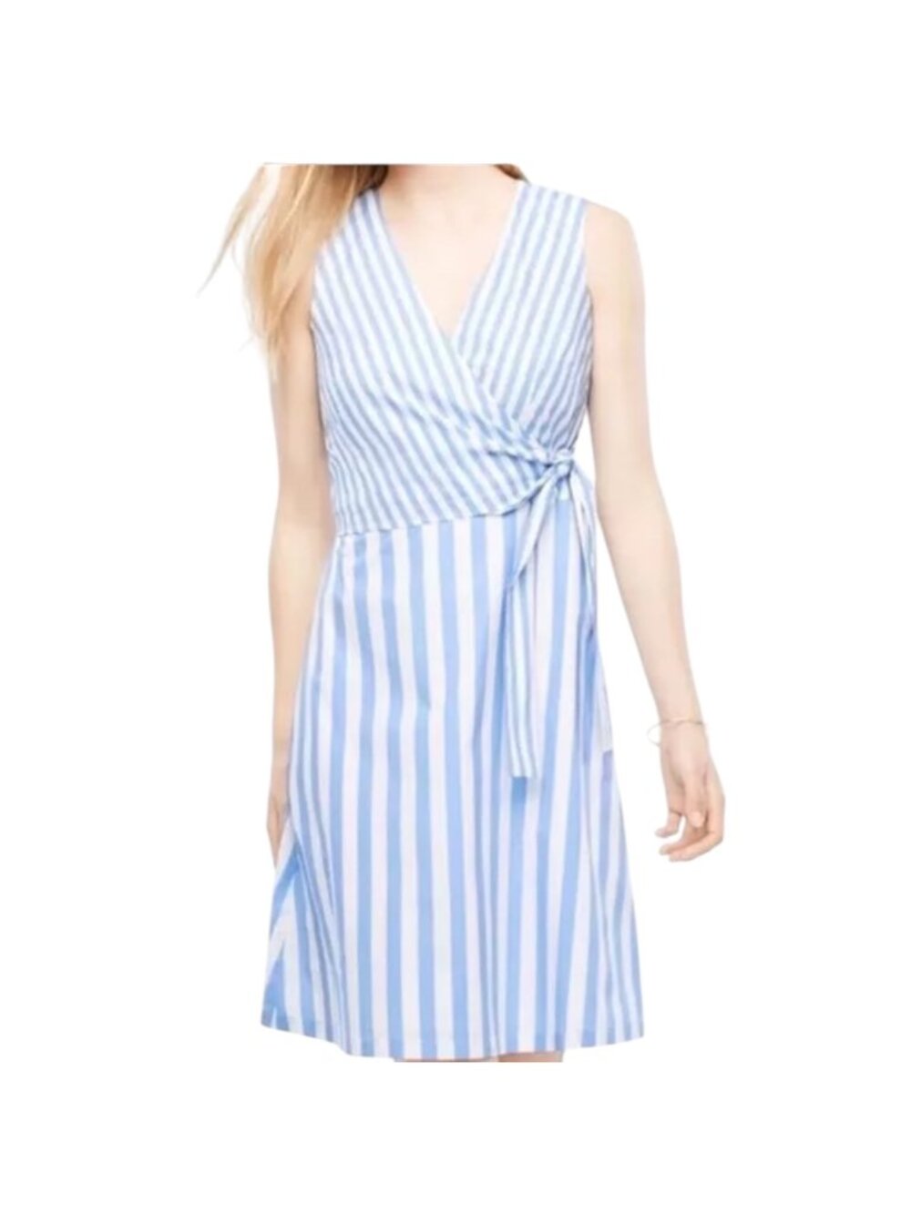 Ann Taylor Women's Blue White Striped Poplin Wrap Dress, Sleeveless Size 8